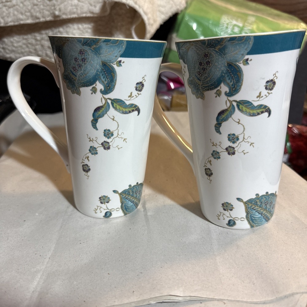 222 Fifth Eliza Teal Porcelain Latte Mug Teal Floral & Rim Set Of Two Pre Owned